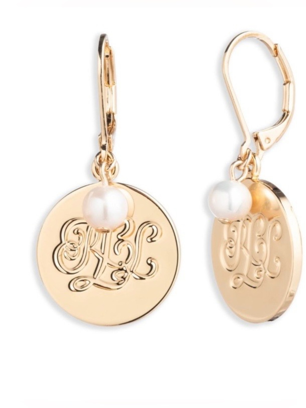 Lauren Ralph Lauren Gold Monogram Disc Drop Earrings with Pearl Accent